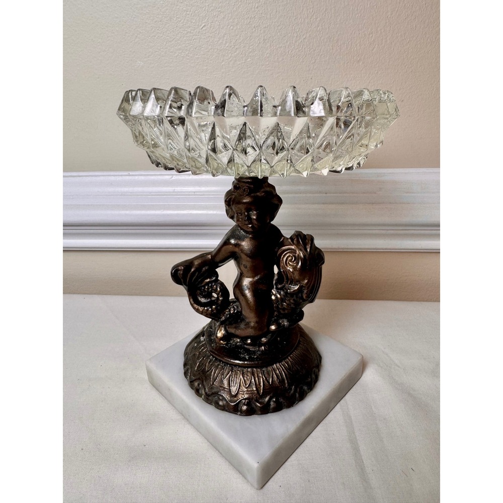 Vintage Cast Bronze Cherub Marble Base Pedestal Trinket Dish Cut Glass Crystal